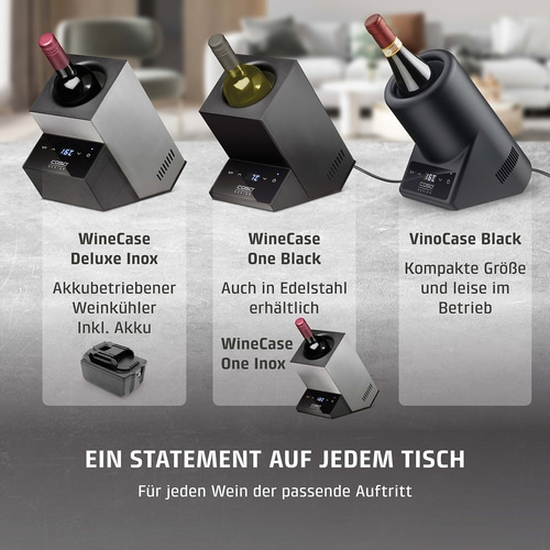 Wine cooler options: Deluxe Inox, One Black, VinoCase Black. Perfect for wine.