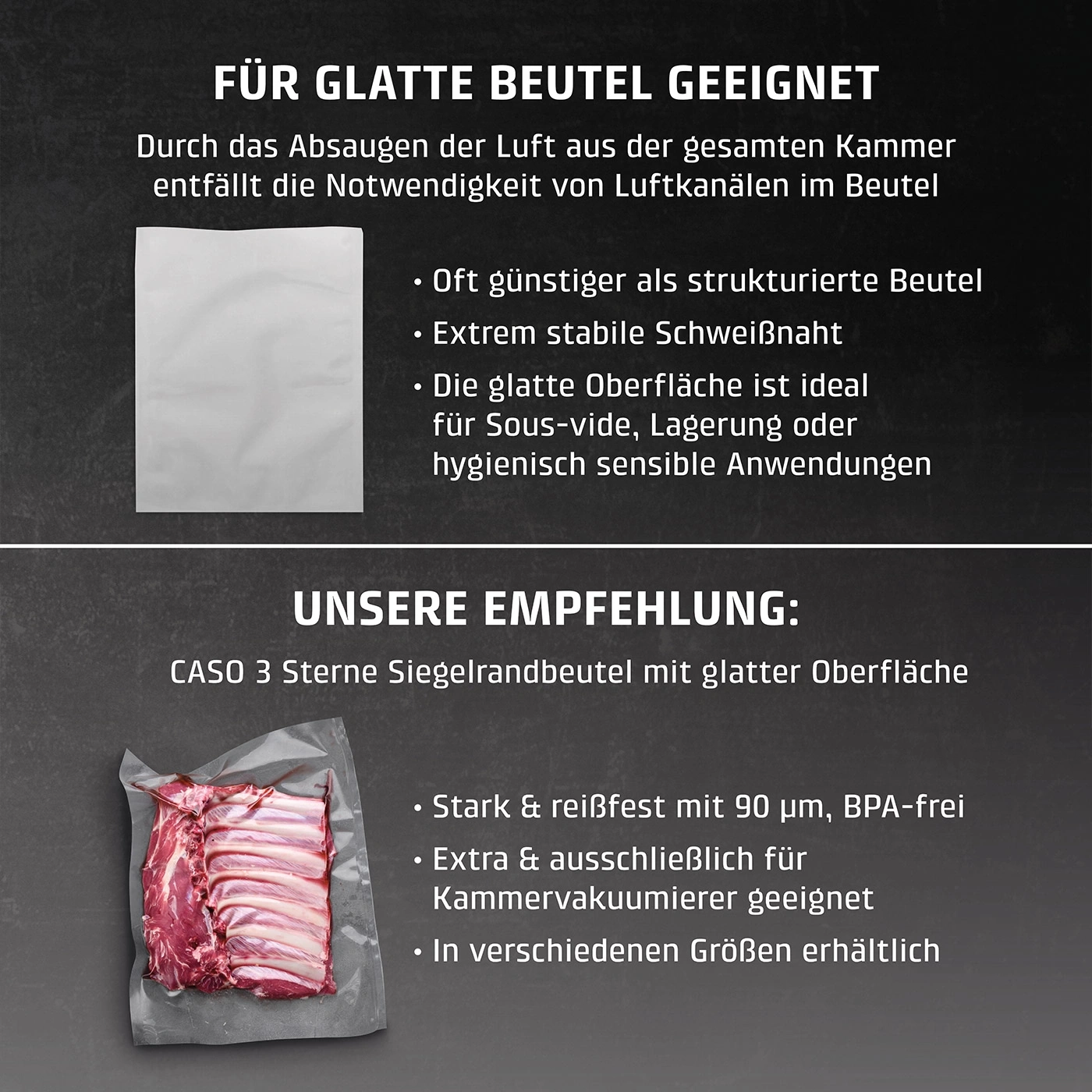 Glatter Beutel für Vakuumiergeräte, ideal für Sous-vide und Lagerung.