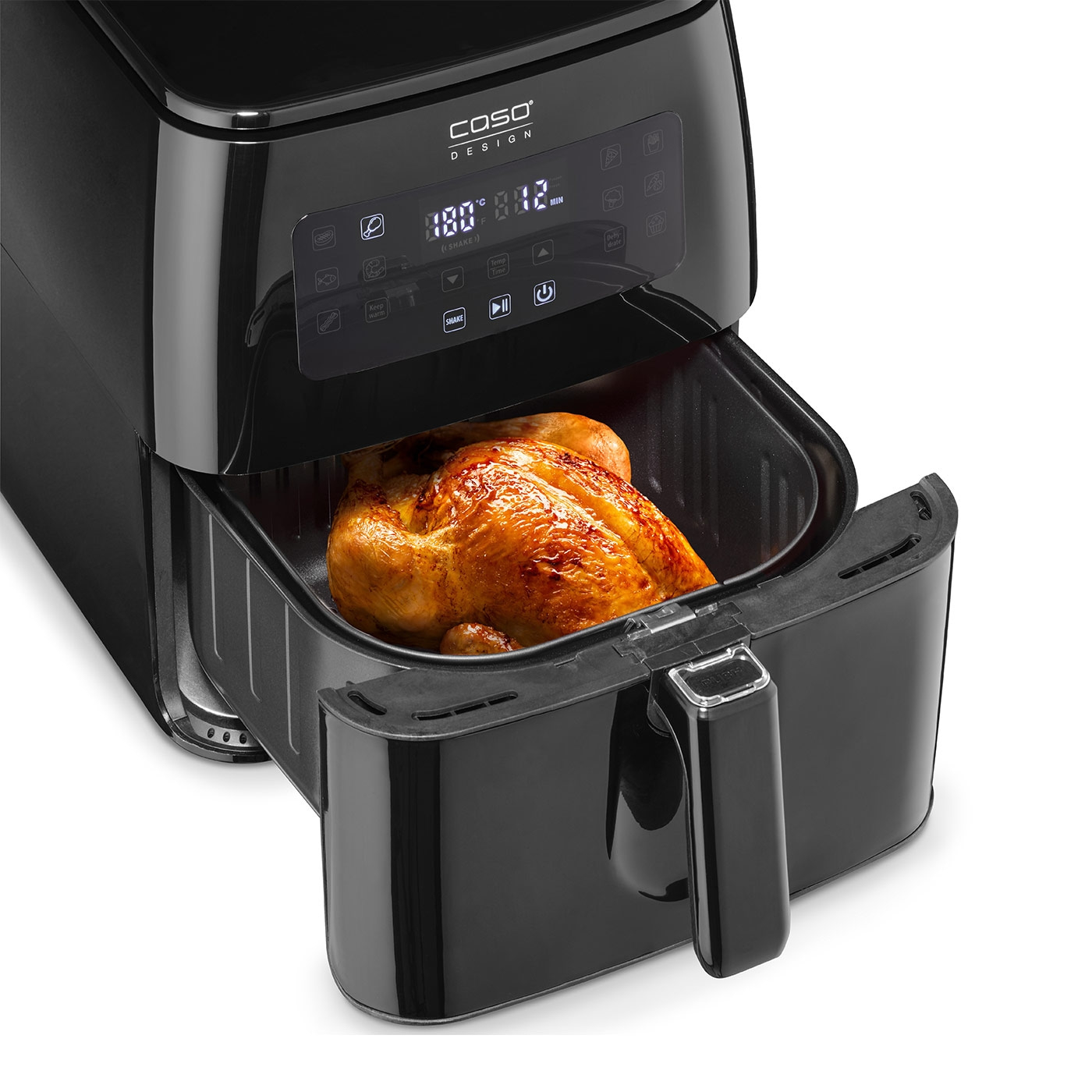 Black air fryer with chicken, digital display, open basket, cooking appliance, kitchen