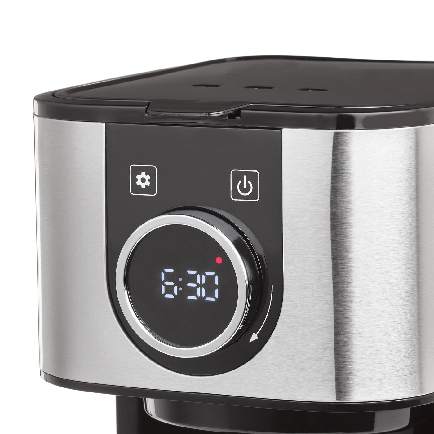 Kaffeemaschine mit digitaler Anzeige, Uhrzeit 6:30, Edelstahl-Design, schwarze Details.