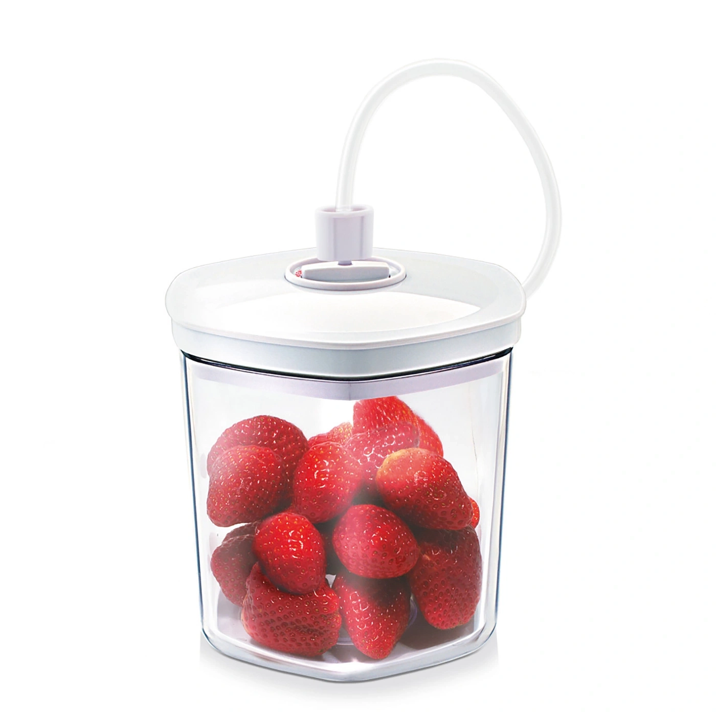 Ein weißer Vakuumbehälter mit Erdbeeren, Schlauch und Deckel.