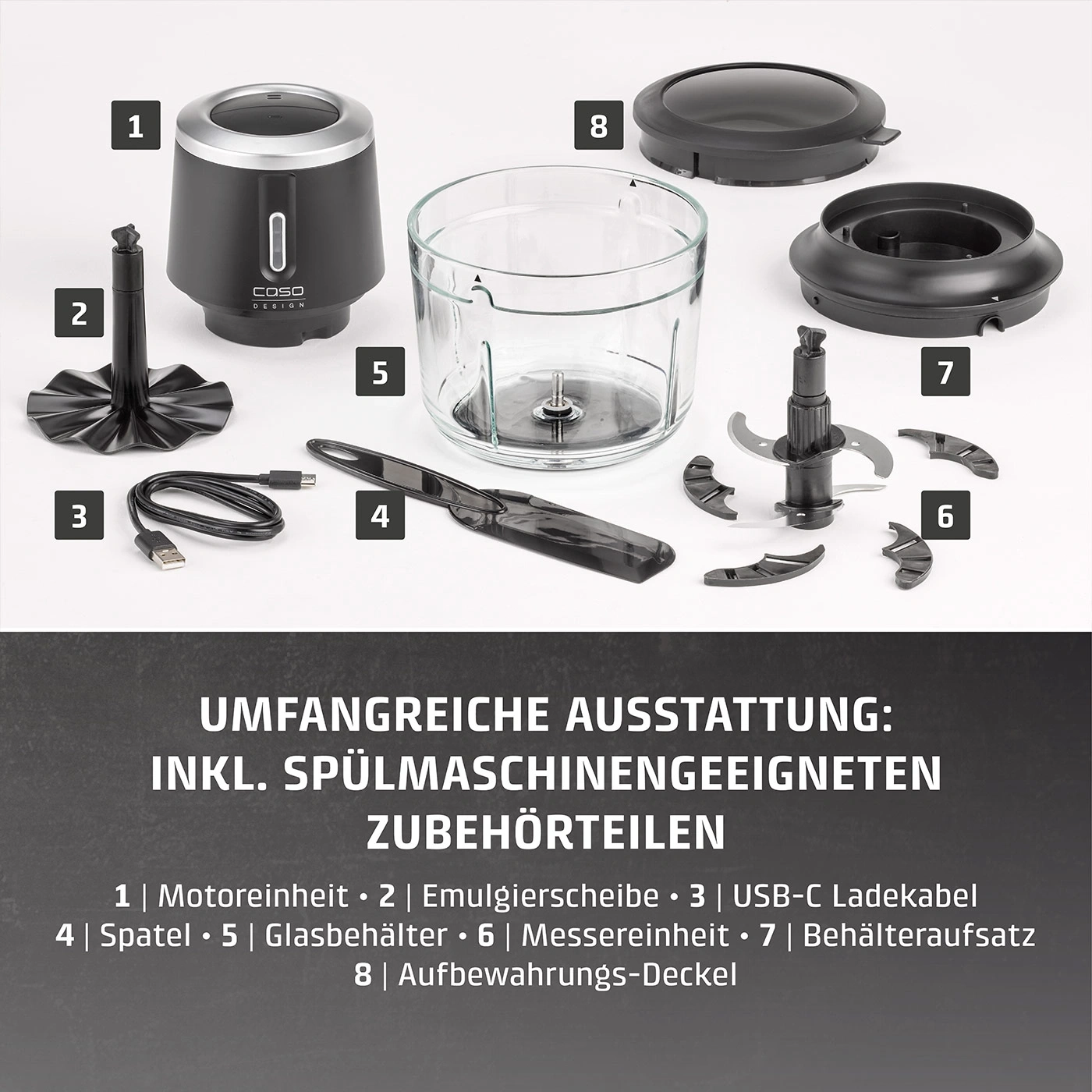 Ein Küchengerät mit verschiedenen Aufsätzen und einem USB-C-Kabel, nummeriert von 1 bis 8.