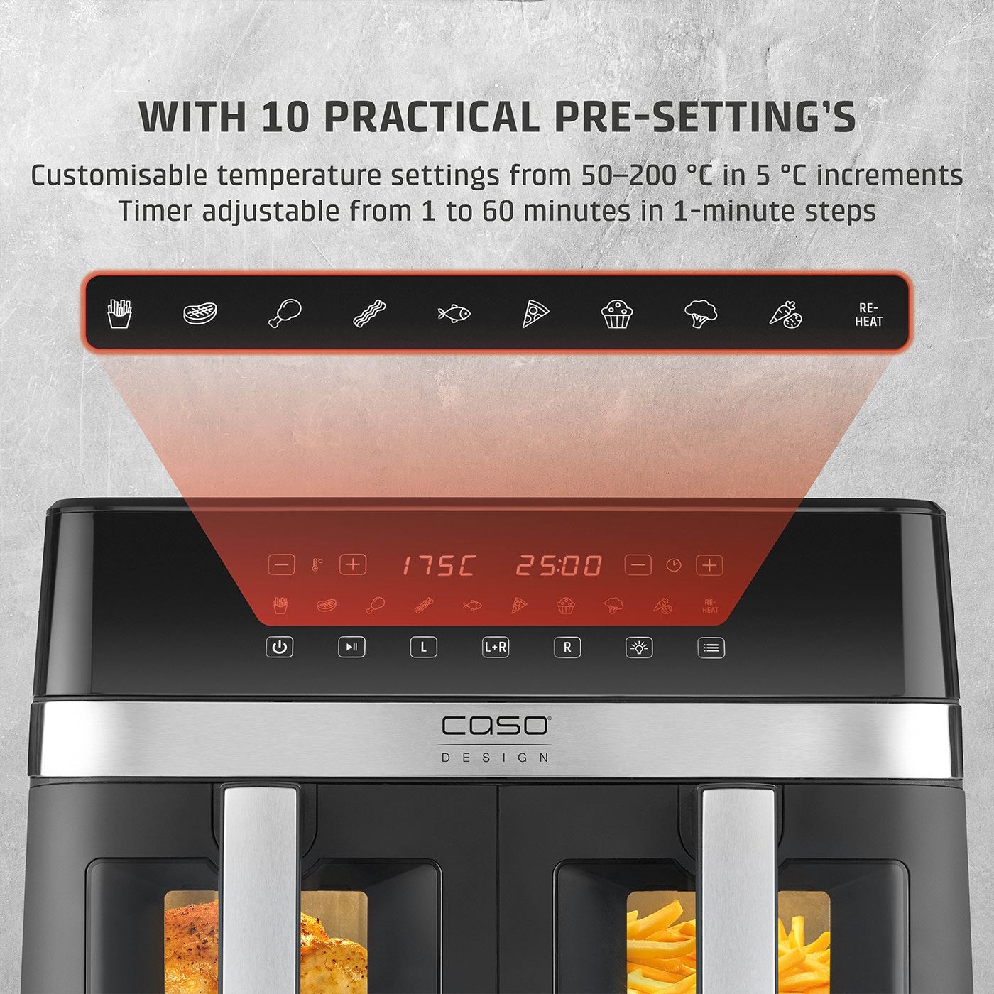 Air fryer with 10 presets, temperature control, and timer. Perfect for various dishes.