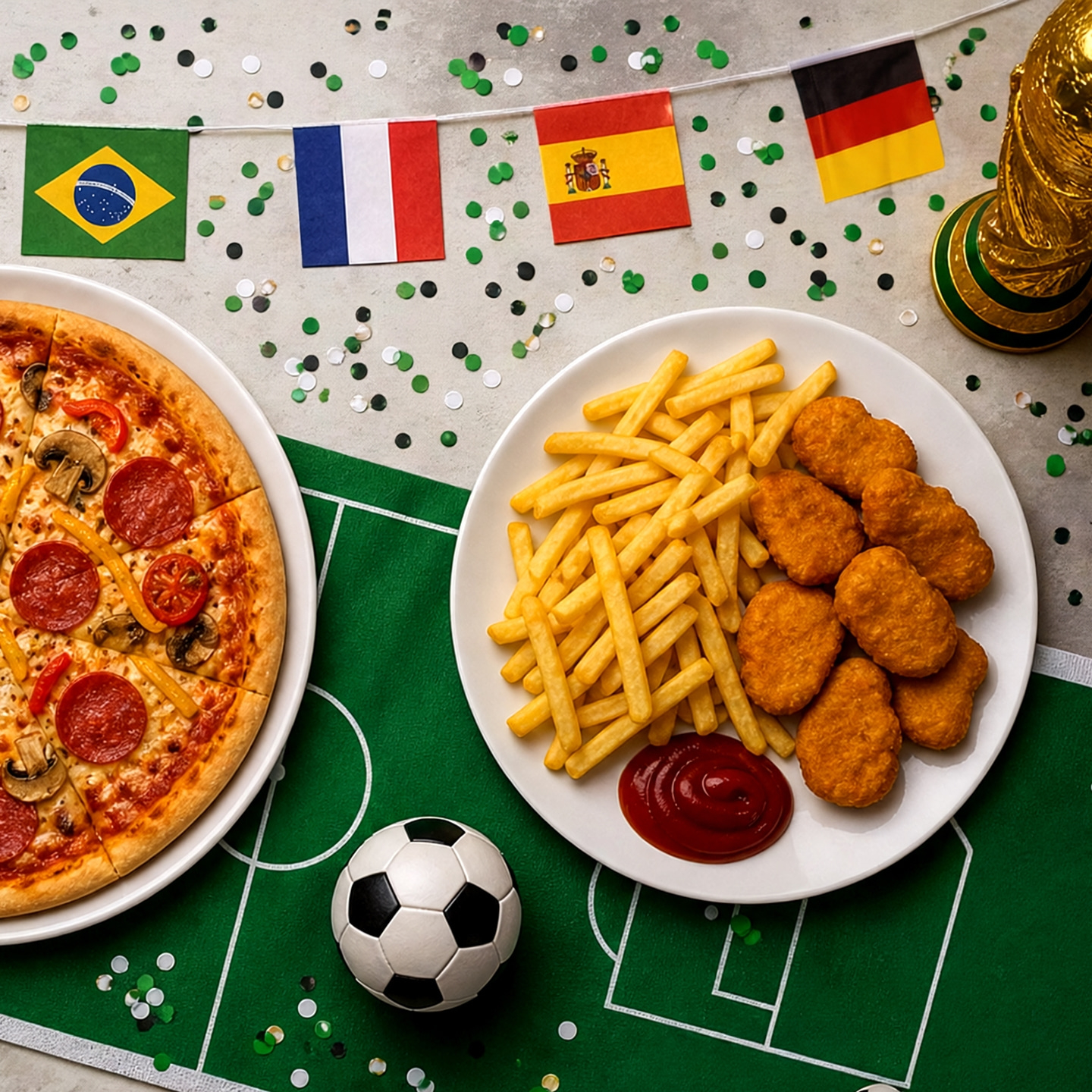 Fußballparty mit Pizza, Nuggets, Pommes und Trophäe