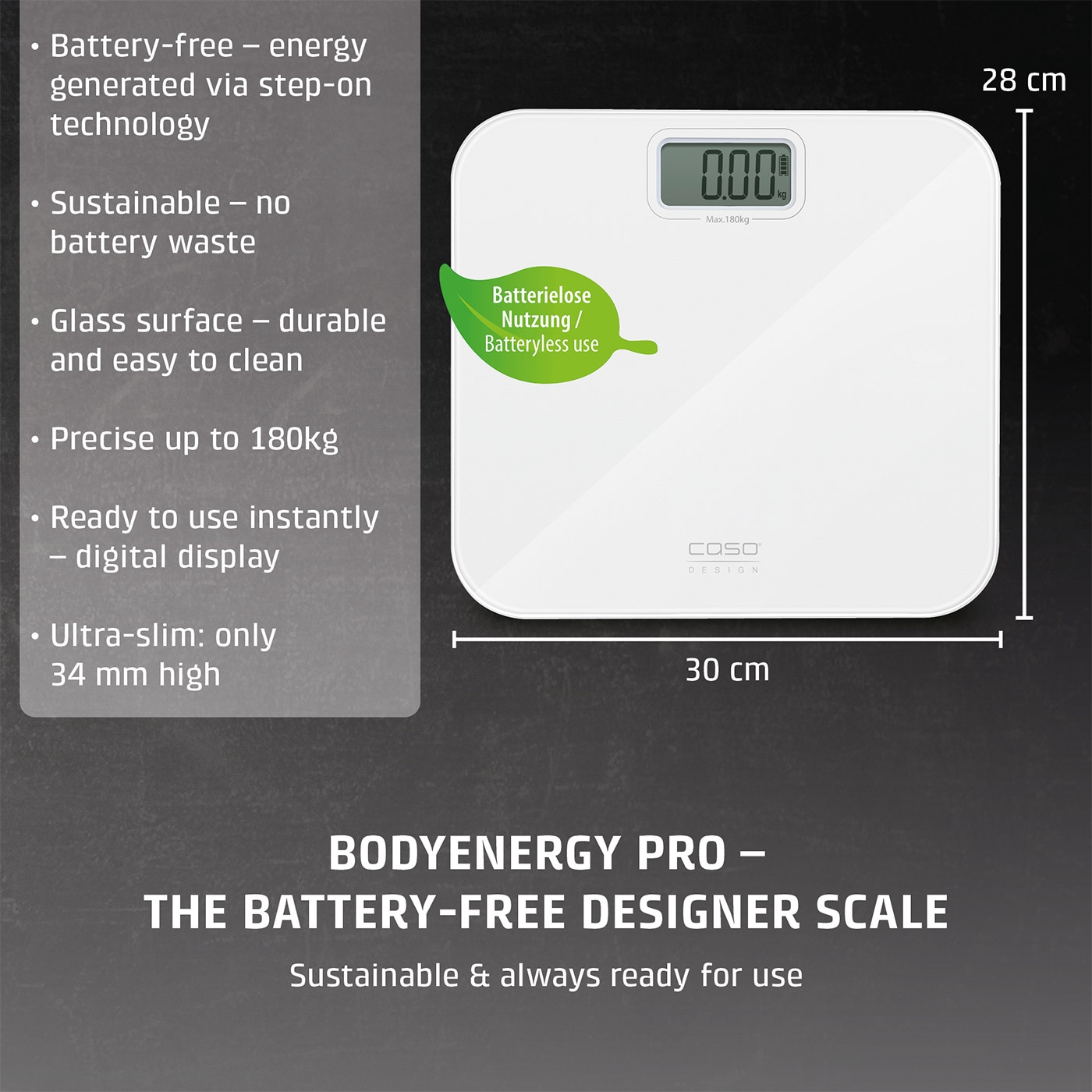 Bathroom scale with digital display, "Battery-less" technology, flat design