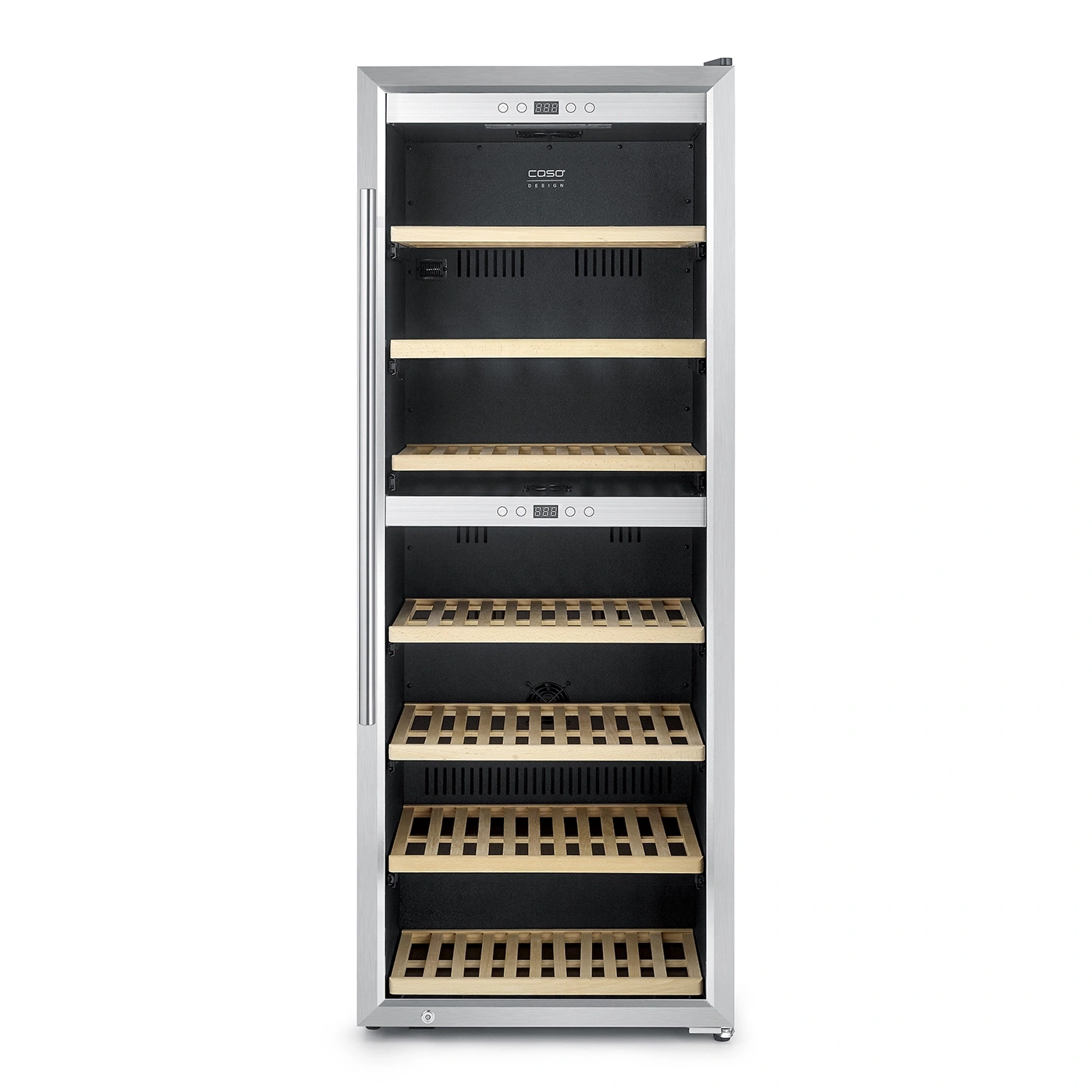 A modern silver wine cooler with wooden shelves and digital display.