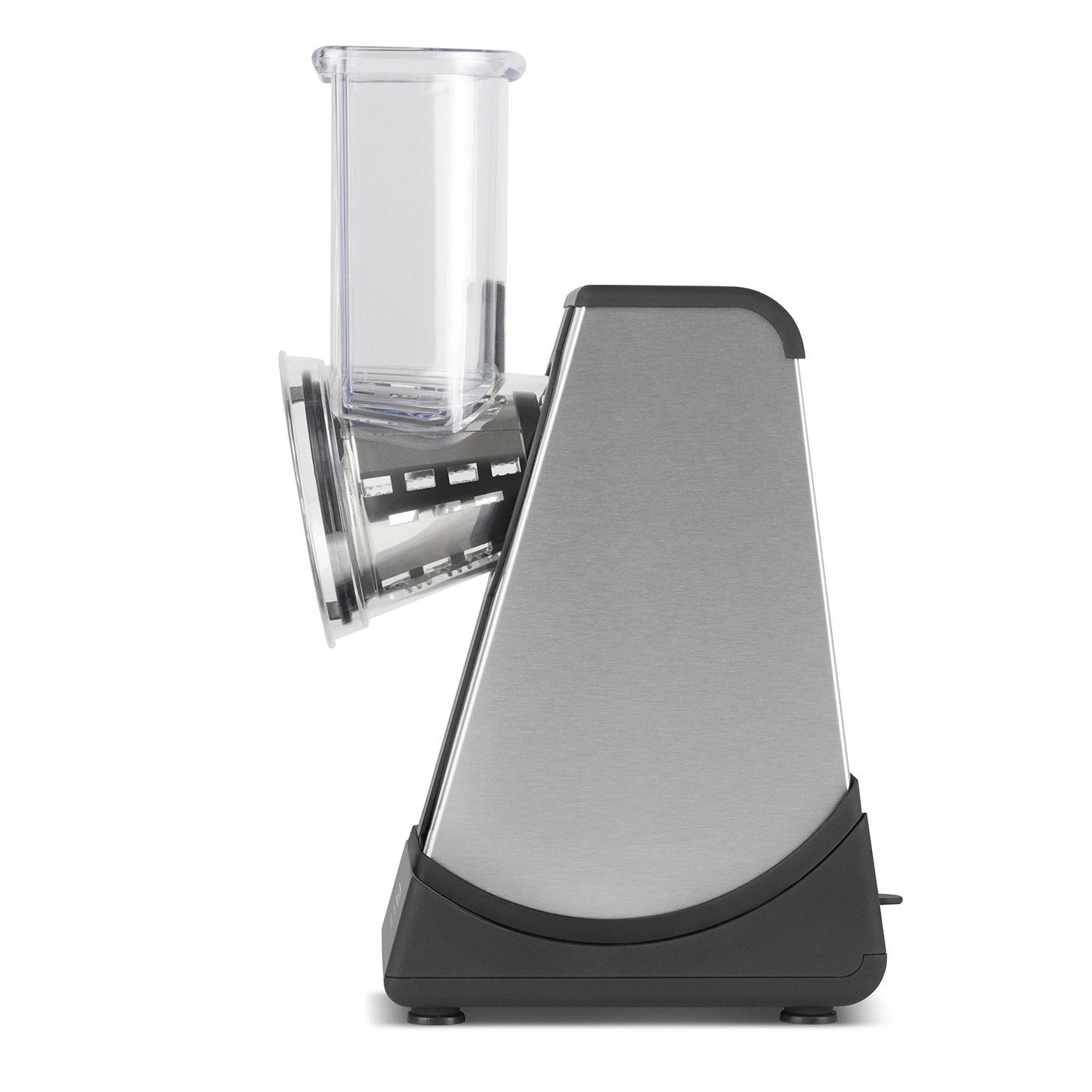 Electric vegetable slicer, stainless steel, transparent plastic, kitchen appliance, white background
