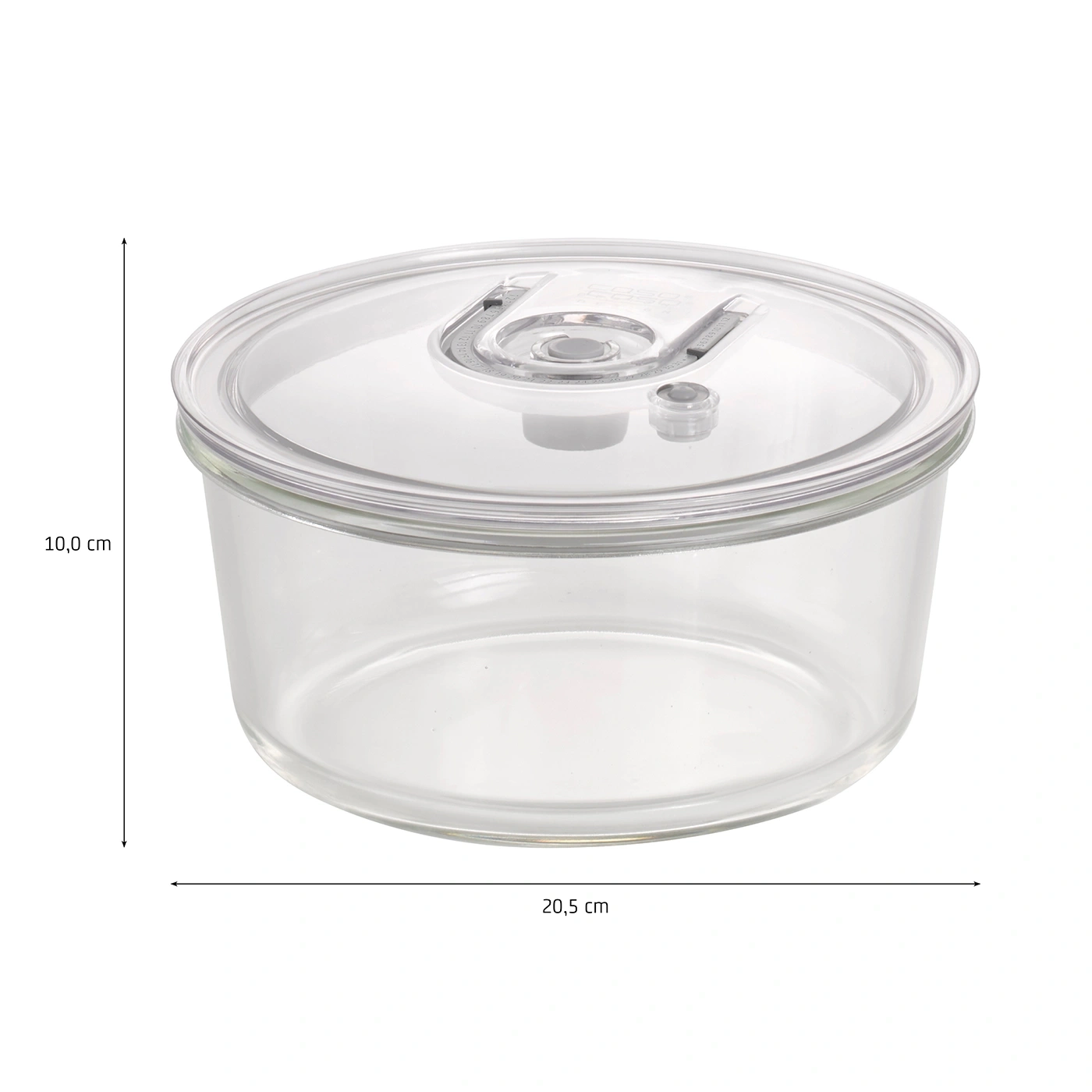 Glasbehälter mit Deckel, 10,0 cm hoch und 20,5 cm breit.