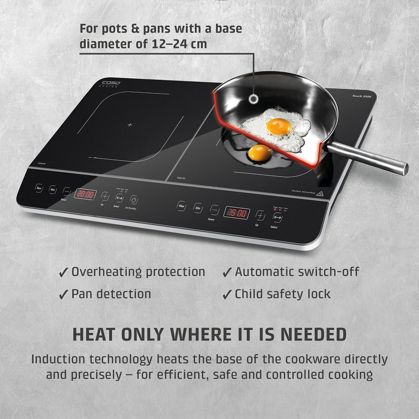 Induction hob with two plates, eggs in a pan, and controls.