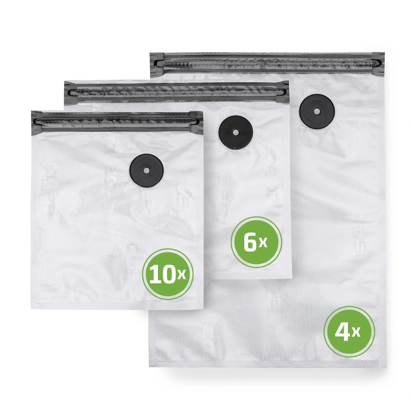 Vacuum bag set with 10, 6, and 4 pieces, white, with green circles and black valves.