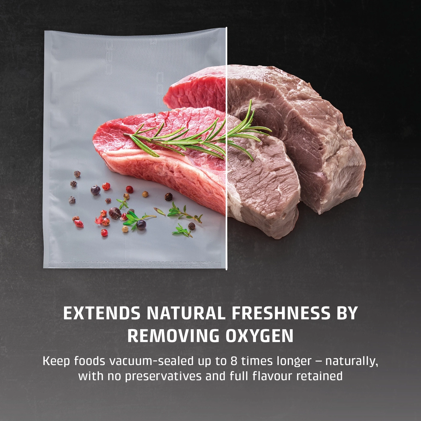 Fresh meat compared to normally stored meat with text overlays