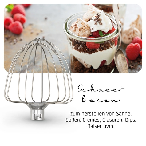 Schneebesen mit Dessert, Sahne, Soßen, Cremes, Glasuren, Dips, Baiser uvm.
