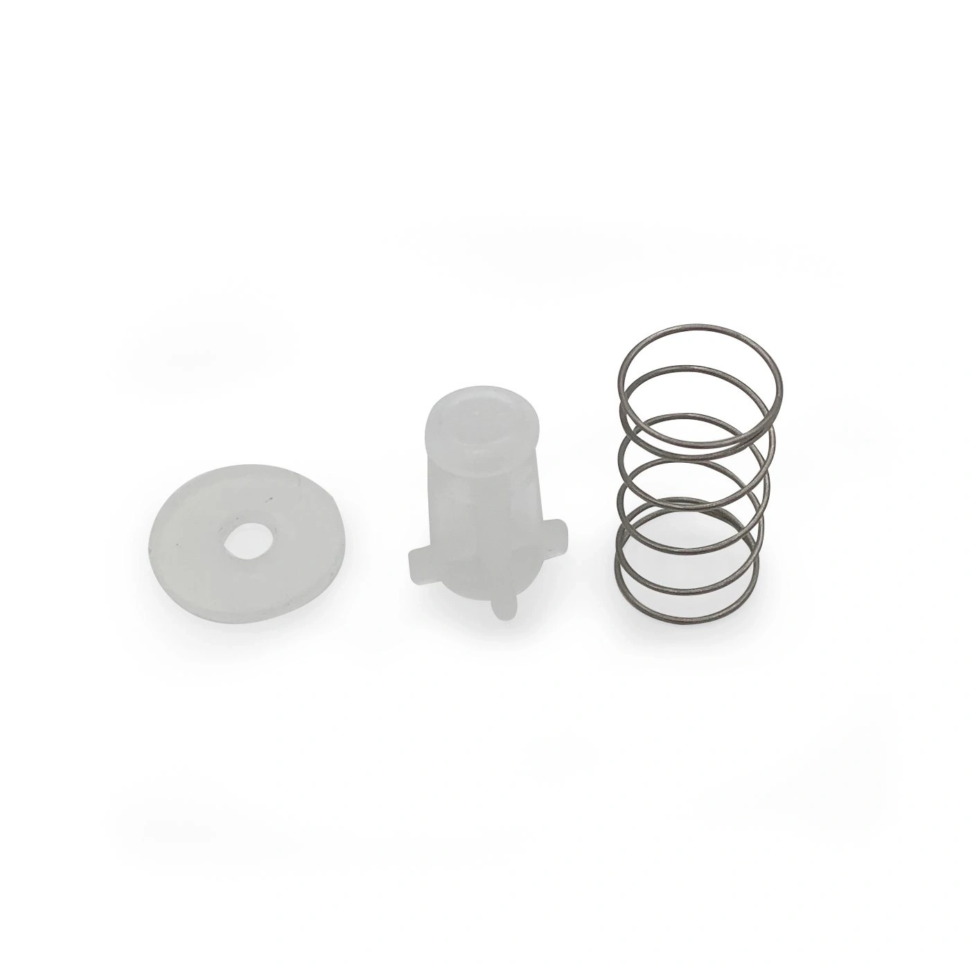 Three parts: washer, plastic part, spring. Individual parts on a white background.