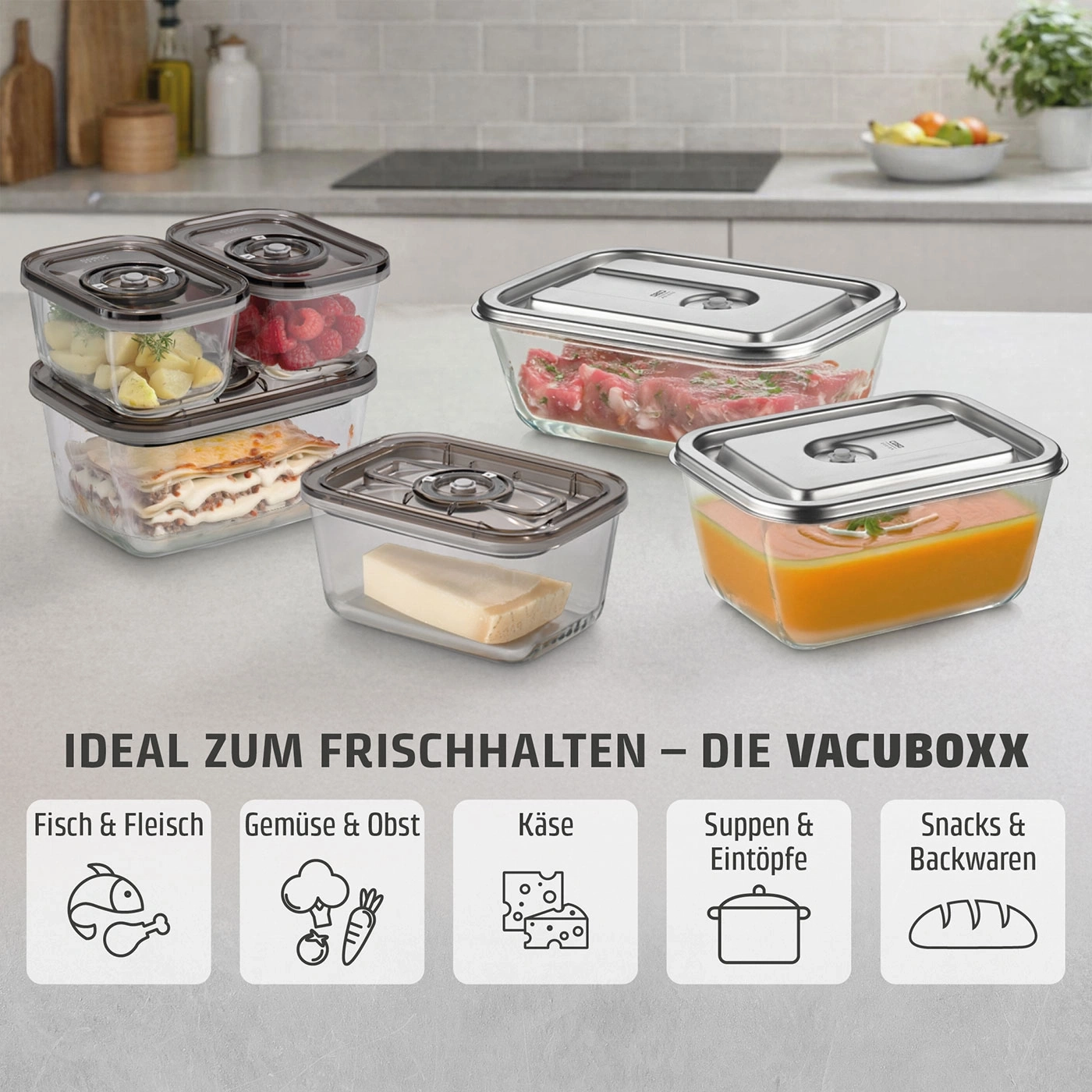 VacuBoxx Eco L Vakuum-Frischebehälter aus Borosilikatglas mit SAN-Deckel