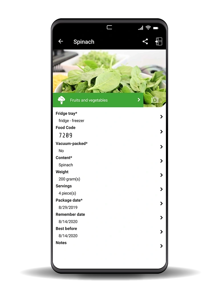 Spinach app view: details about content, weight, servings, and more.