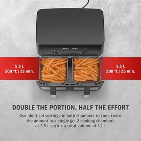 Dual air fryer with fries, 5.5l per chamber, 200°C, 25 minutes, double portion, half the effort
