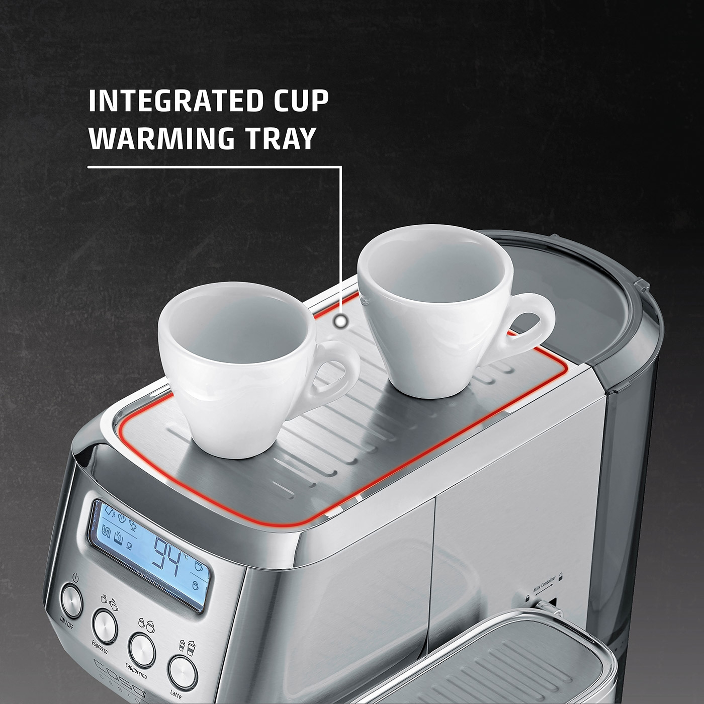 Coffee machine with cup warmer, two cups, temperature display, espresso, cappuccino, latte.