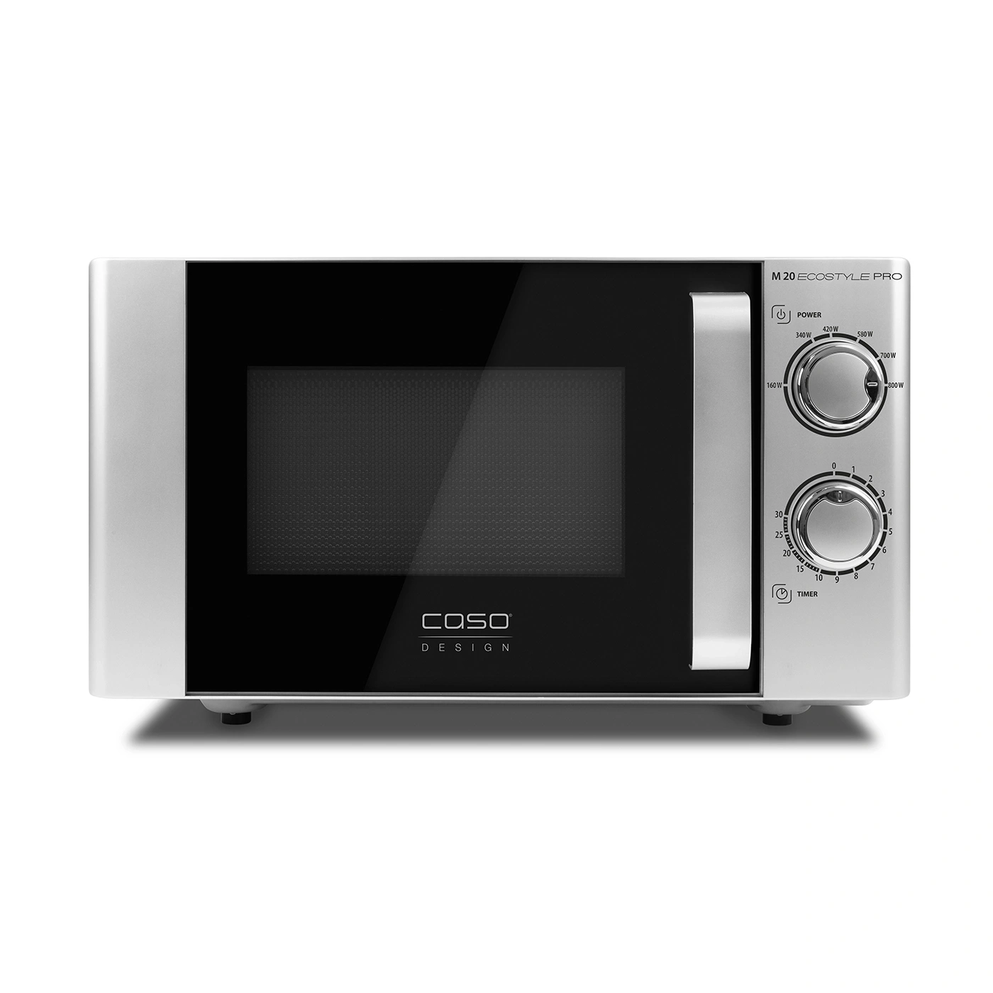 Mikrowelle Caso Design M 20 Ecostyle Pro, silber, mit Leistungs- und Zeiteinstellungen.