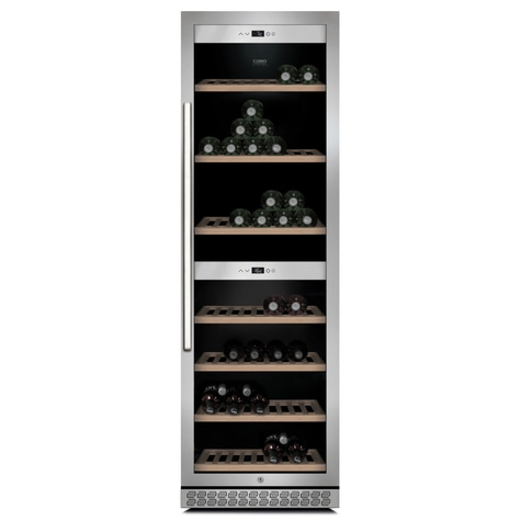 Weinkühlschrank mit Flaschen auf Regalen, Temperaturanzeige, Edelstahl