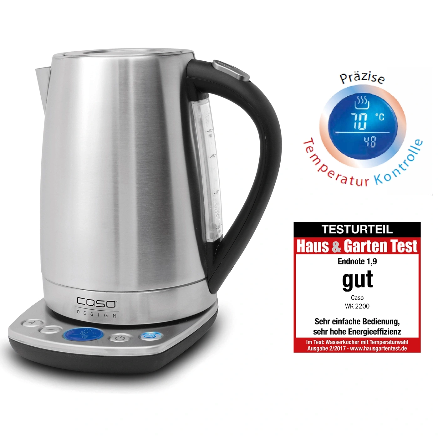 Kettle with temperature control, stainless steel, Caso Design, good rating, Haus & Garten Test