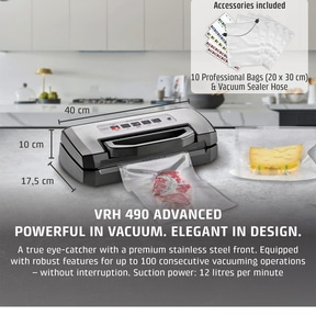 Vacuum sealer with accessories, dimensions, and descriptive text.