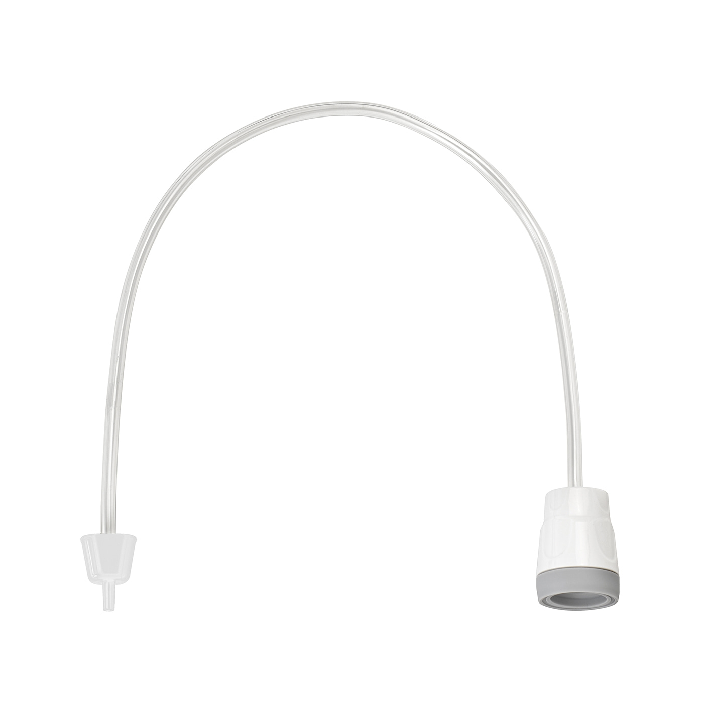 Transparent tubing with white and gray ends, arched shape, isolated