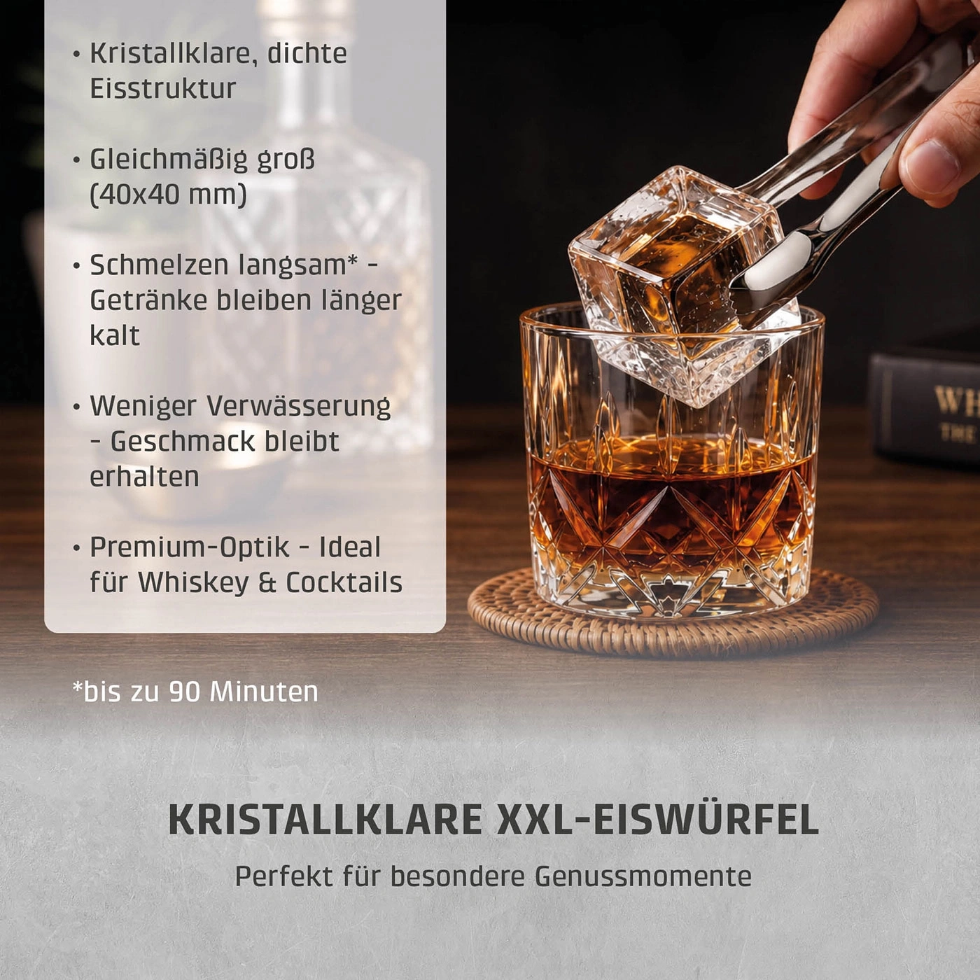 Kristallklare Eiswürfel für Whiskey und Cocktails. Schmelzen langsam, halten Getränke länger kalt und reduzieren Verwässerung.