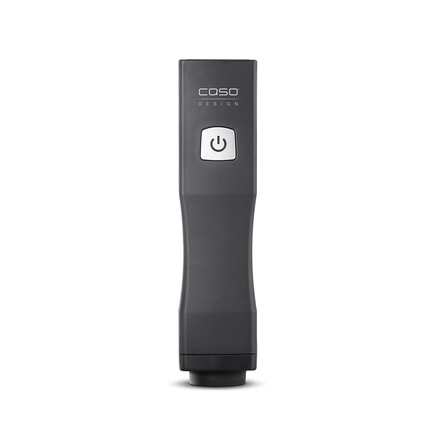 Dark gray device with power button and logo. Design product. Modern gadget.