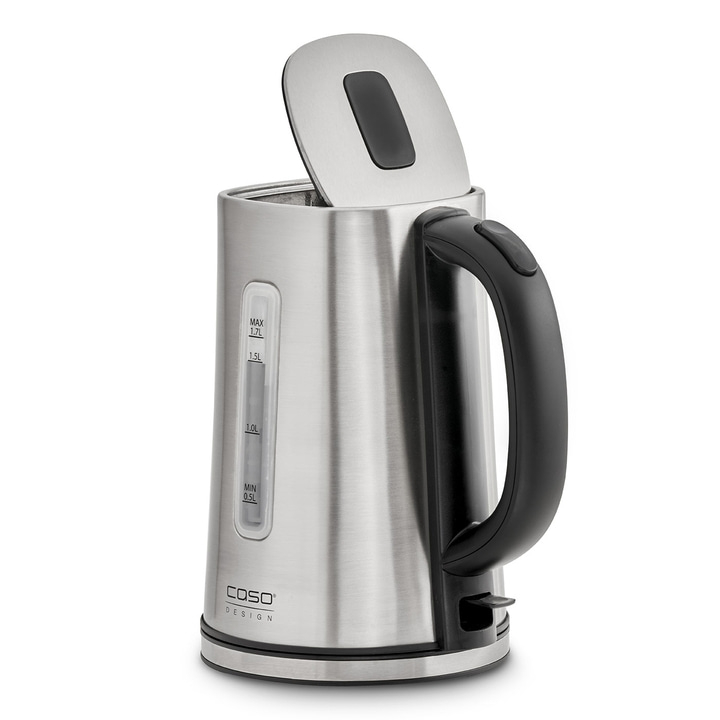 Stainless steel electric kettle with black handle and lid open, isolated