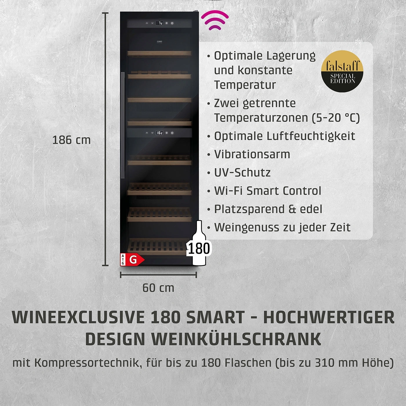 Weinkühlschrank mit Funktionen, 180 Flaschen, 186 cm hoch, 60 cm breit, Smart-Control