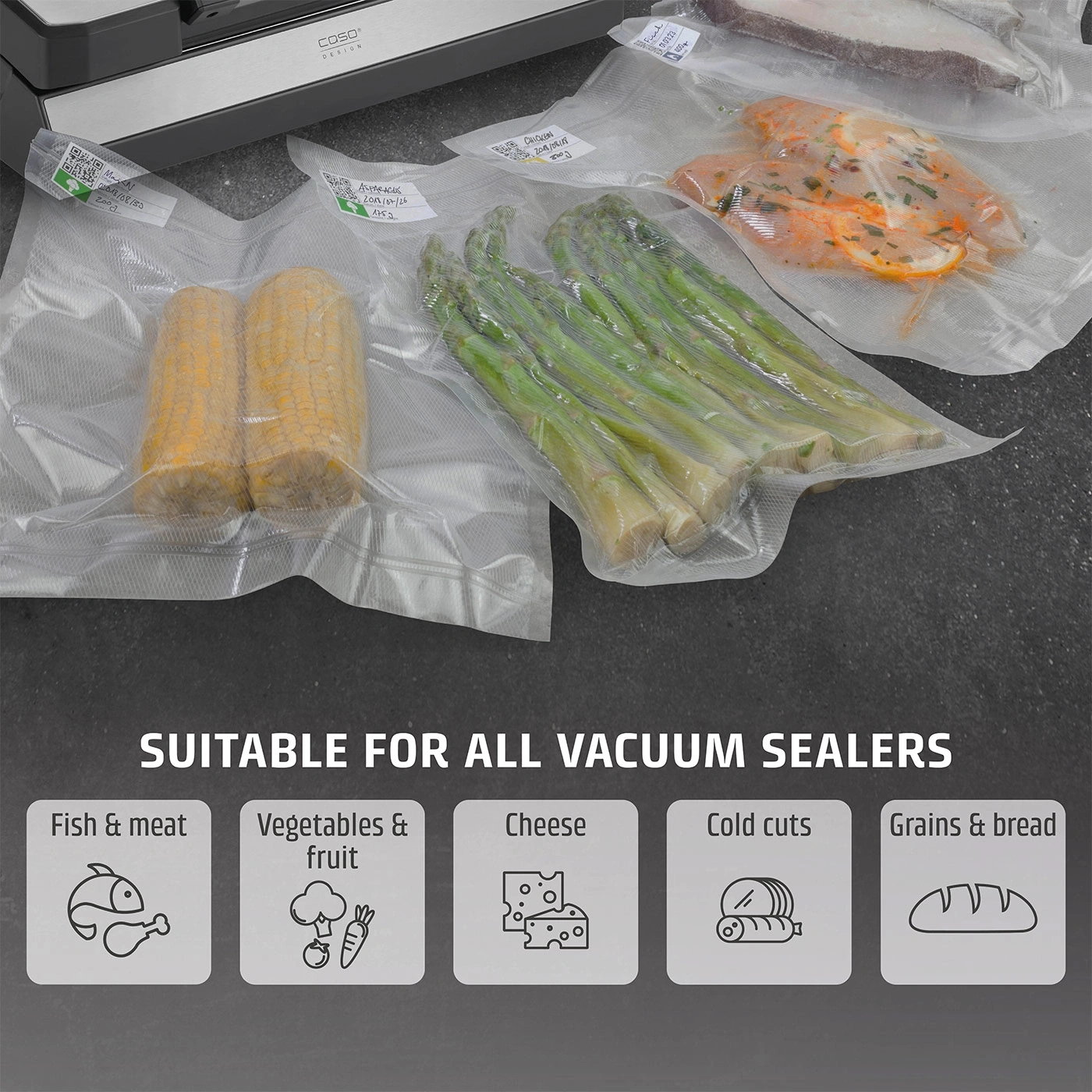 Vacuum-packed food: fish, vegetables, cheese, cold cuts, bread. Suitable for vacuum sealers.