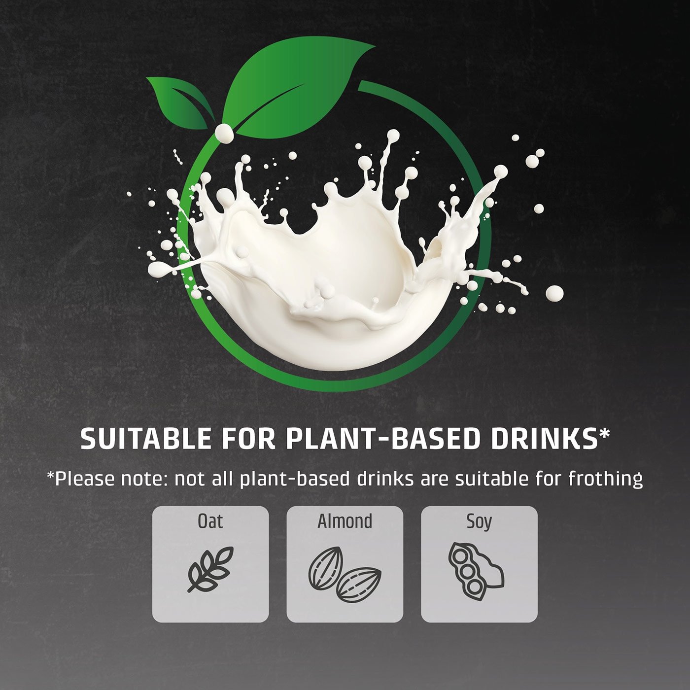 Advertisement for plant-based drinks with oat, almond, and soy. Suitable for plant-based drinks.