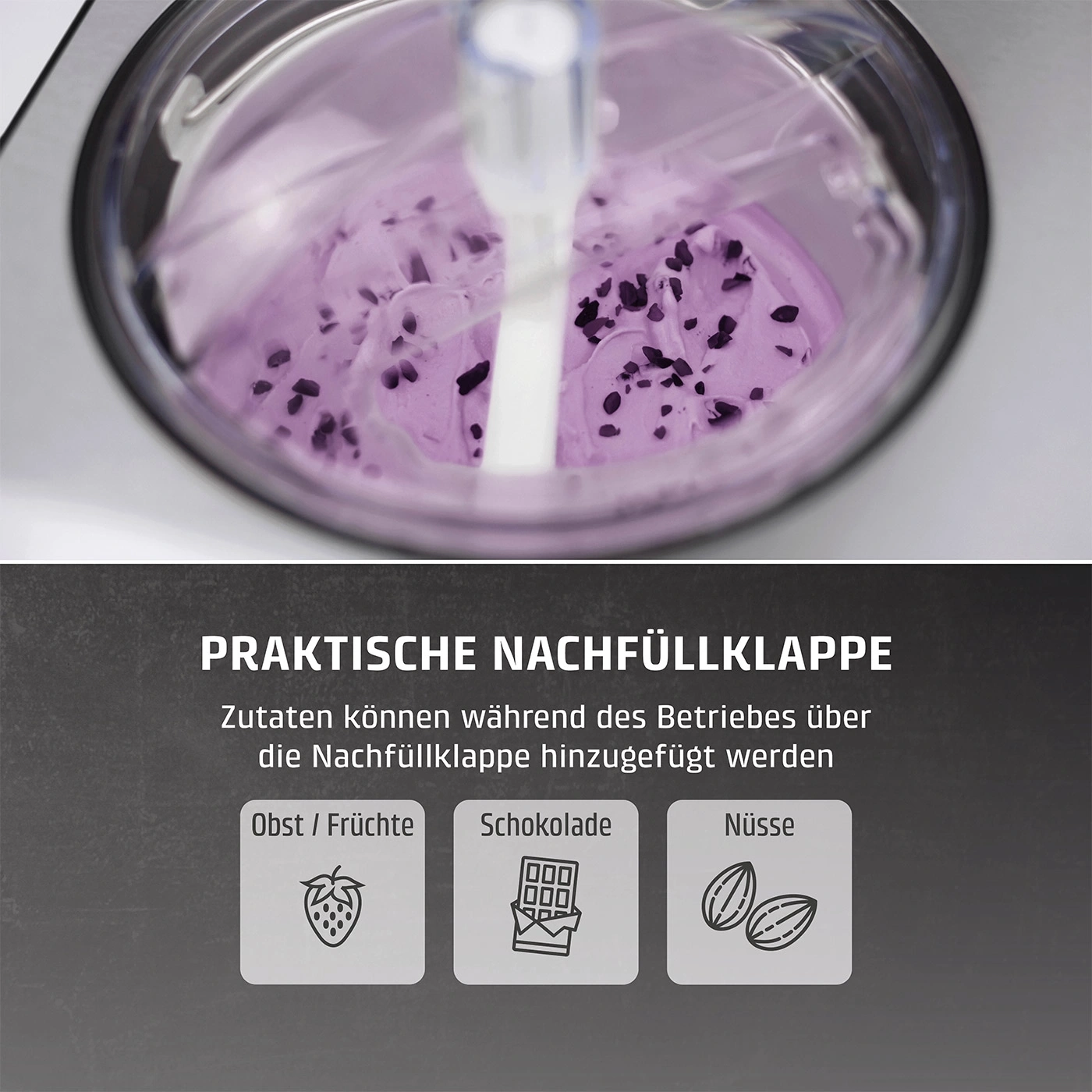 Eiscreme-Maschine mit Nachfüllklappe, Obst, Schokolade und Nüsse.