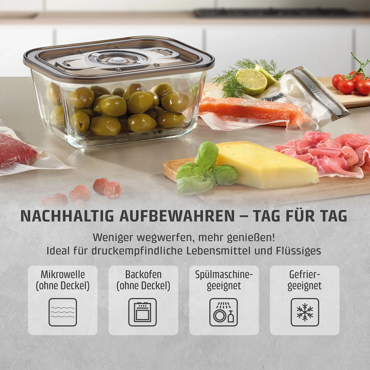 VacuBoxx Eco M Vakuum-Frischebehälter aus Borosilikatglas mit SAN-Deckel