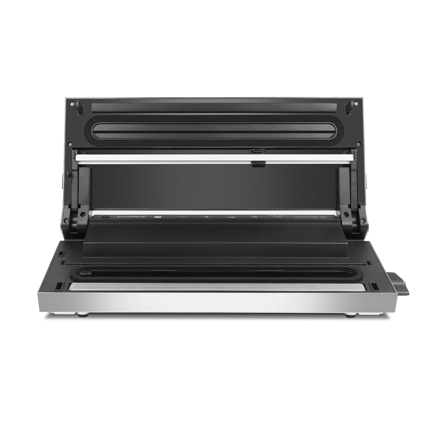 Vacuum sealer machine, open, silver and black, detail shot, isolated