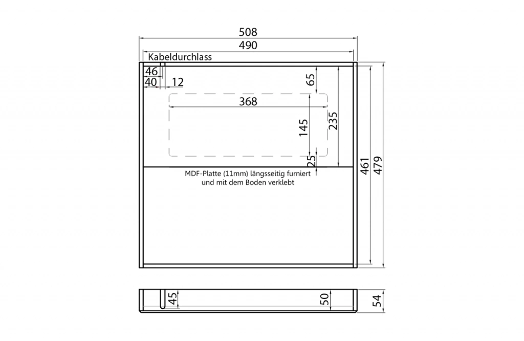 Technical drawing of a furniture component with dimensions