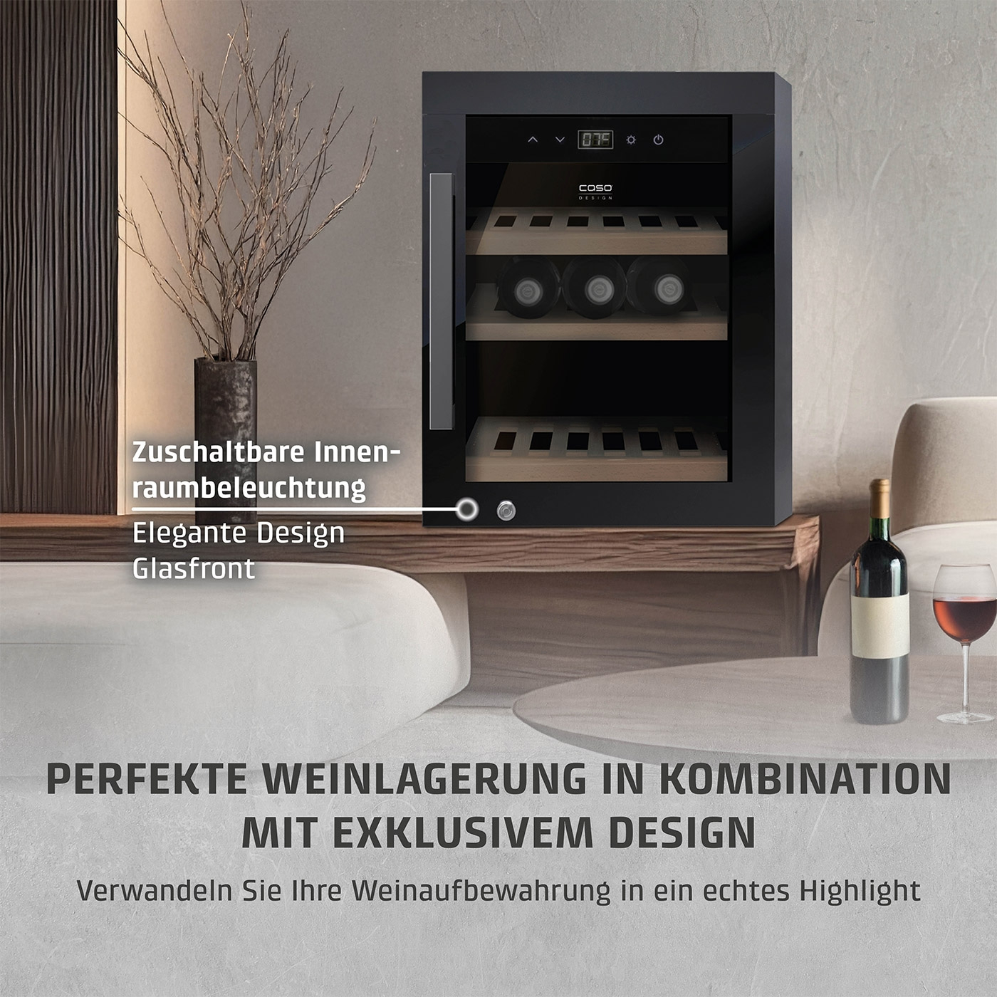 Weinkühlschrank mit elegantem Design, Glasfront und Innenraumbeleuchtung. Perfekte Weinlagerung.