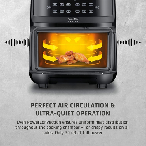 Air fryer with chicken wings, perfect air circulation, quiet, PowerConvection, crispy results.