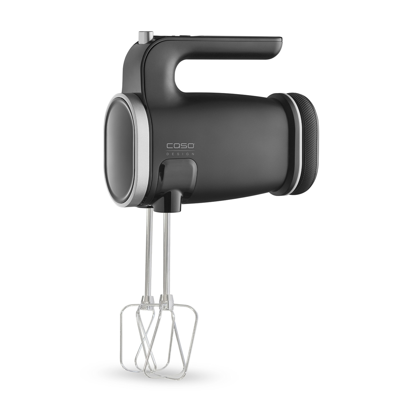 Schwarzer Handmixer mit silbernen Akzenten und Caso Design Logo.
