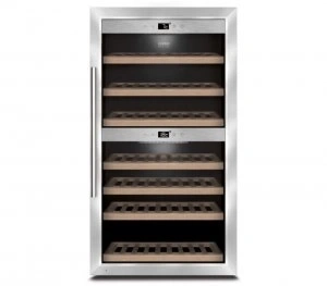 A silver wine fridge with two shelves, wooden racks, and a handle.