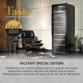 Wine cooler with text, chair and plant. Falstaff Special Edition.