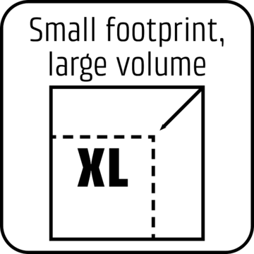 Small footprint, large volume, XL size, arrow, square, black and white