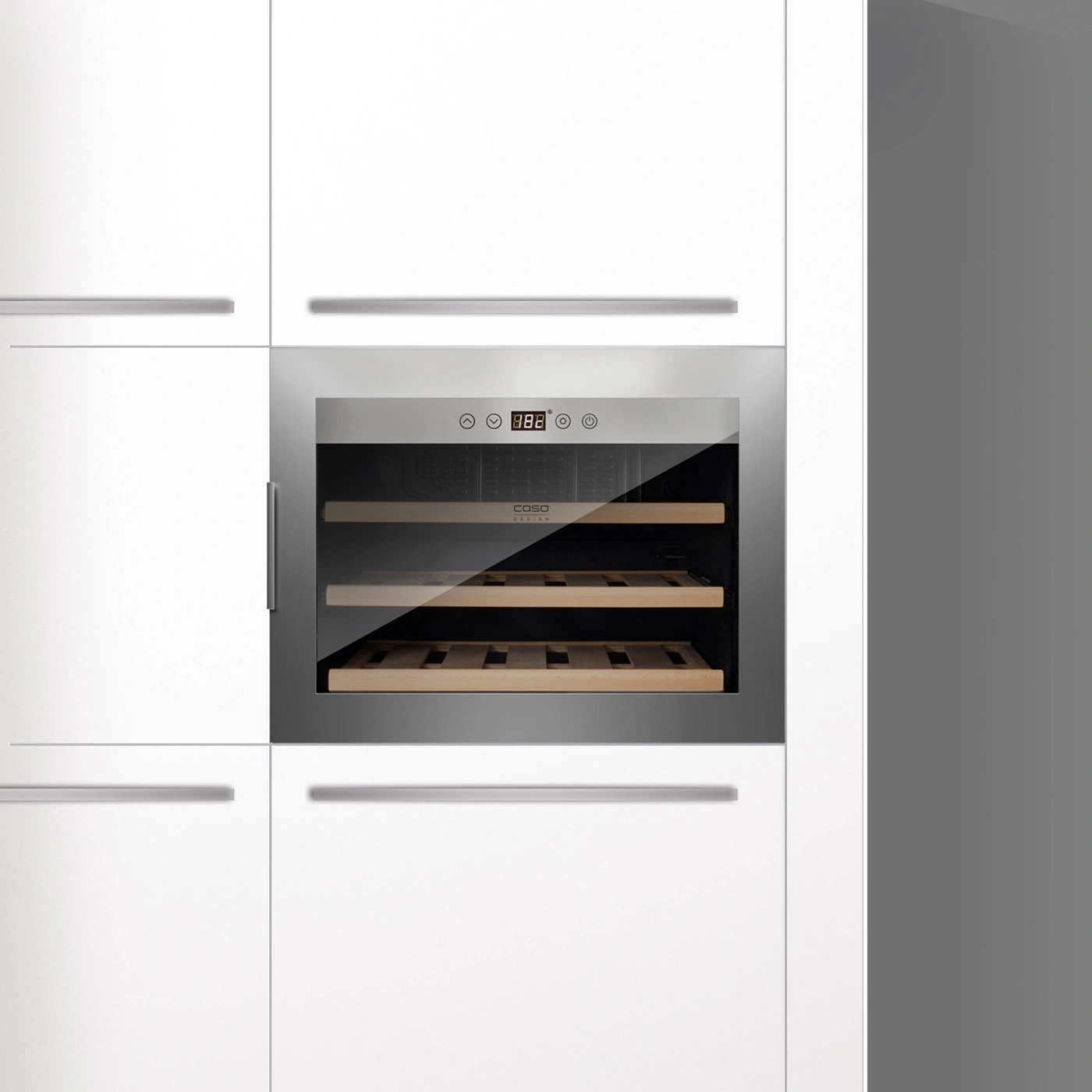 Wine cooler in white kitchen with wooden shelves and digital display