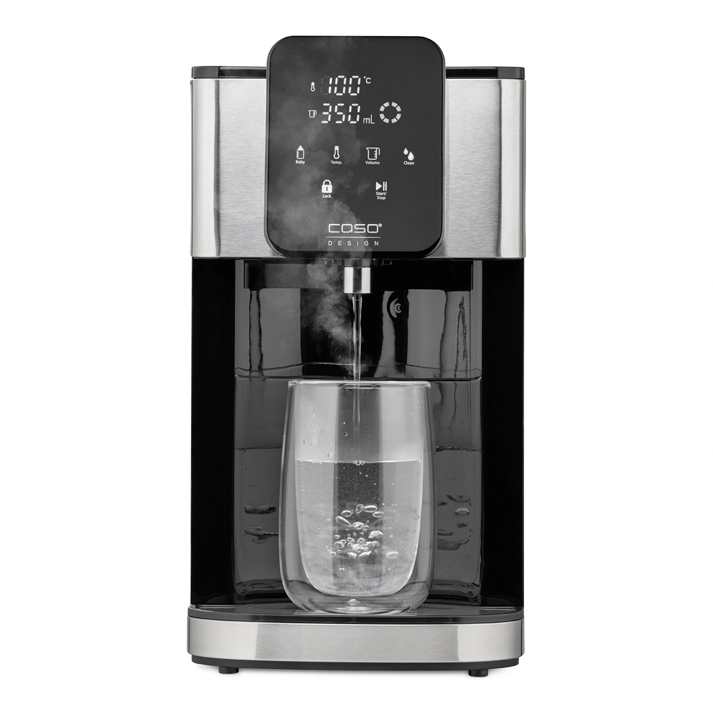 Water boiler with glass, steam and digital display, temperature and volume