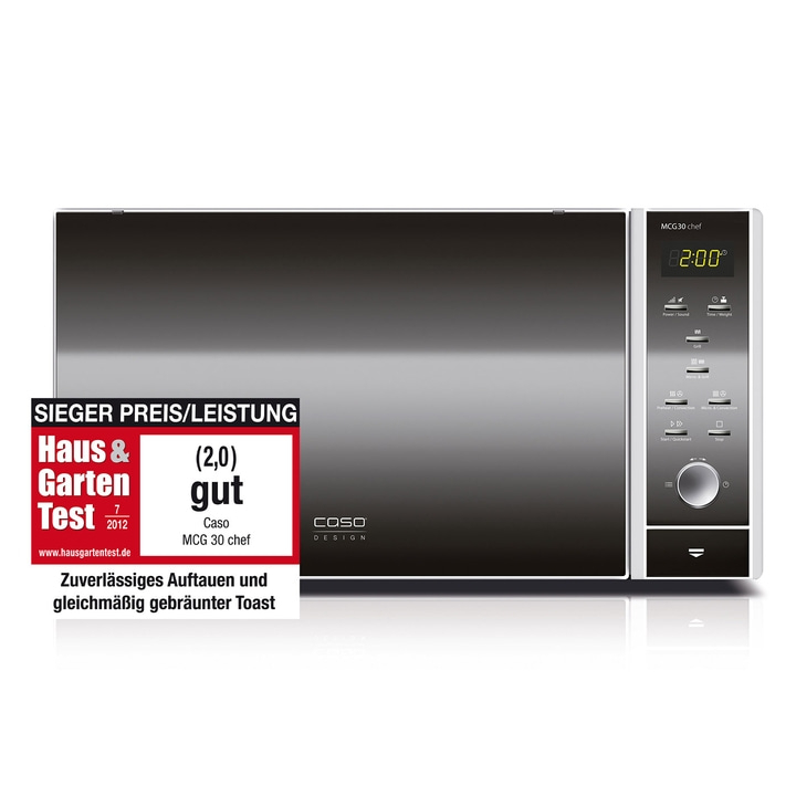 Microwave with 'good' rating and text 'Reliable defrosting and evenly browned toast'