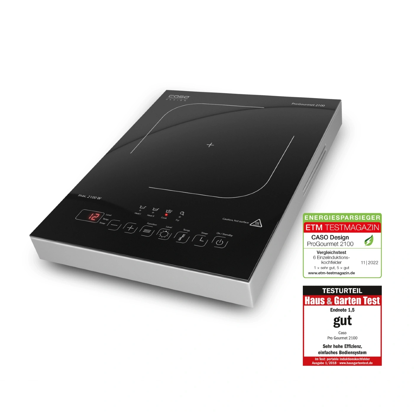 Induktionskochfeld Caso ProGourmet 2100 mit Testergebnissen und Energieeffizienz.