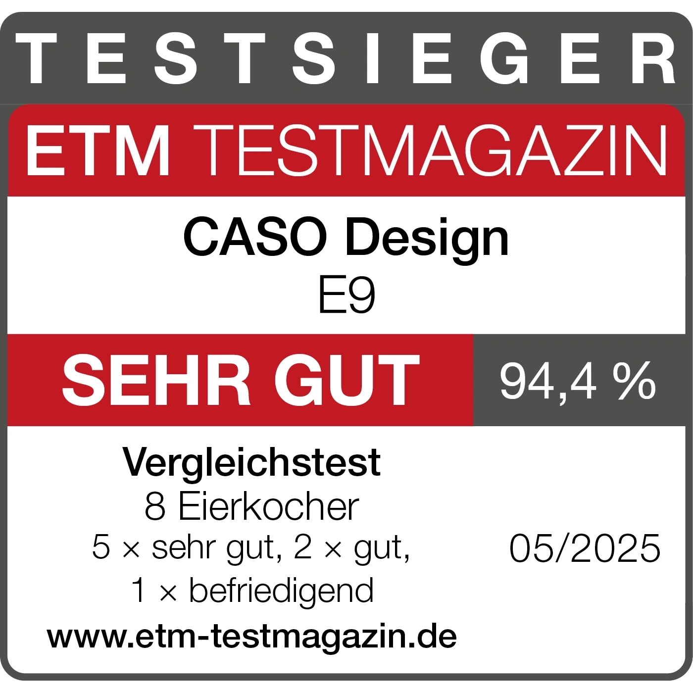 Testmagazin-Auszeichnung für Caso Design E9: Sehr gut, 94,4%, 05/2025.