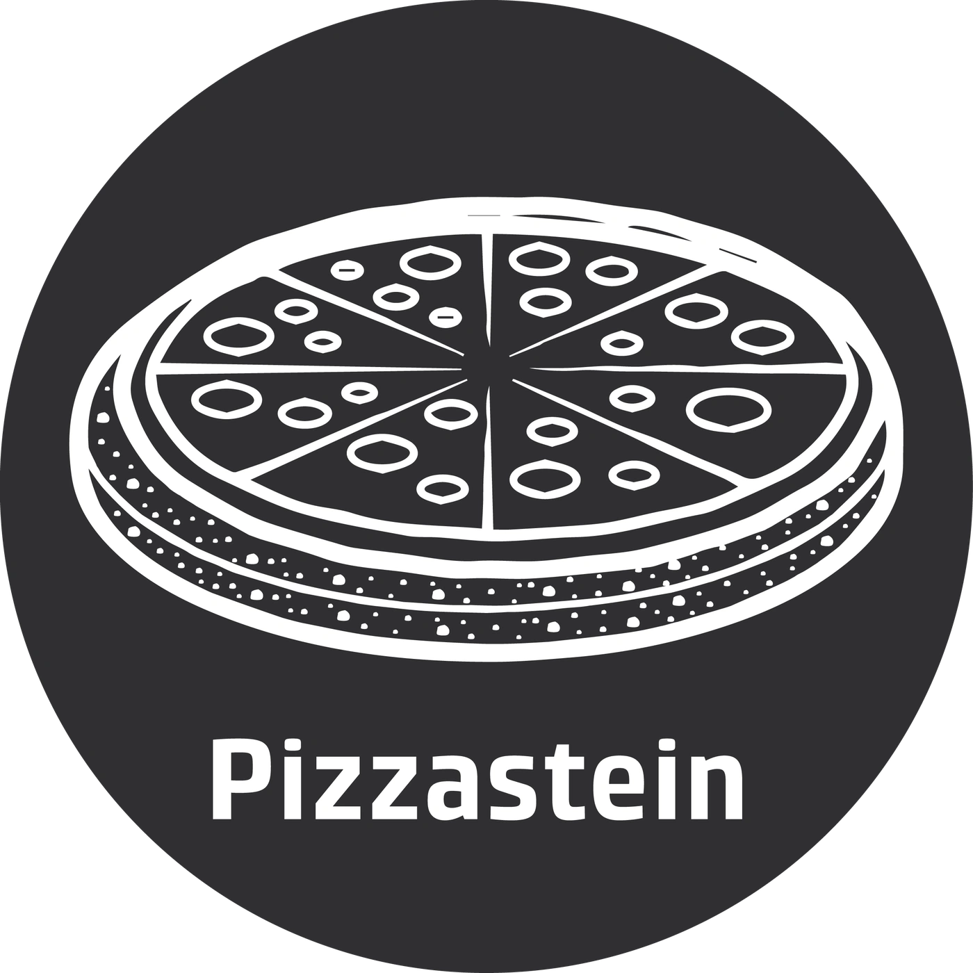 Pizza-Logo mit Pizzastückchen und dem Schriftzug Pizzastein auf schwarzem Hintergrund.