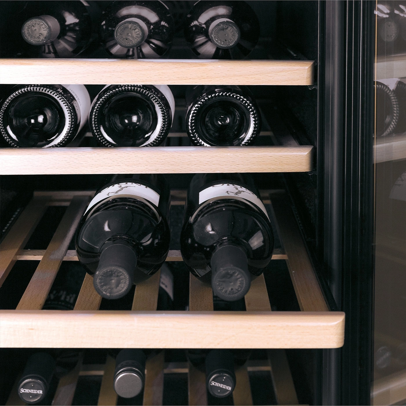 Wine bottles in a wine cooler. Wooden shelves and dark bottles.