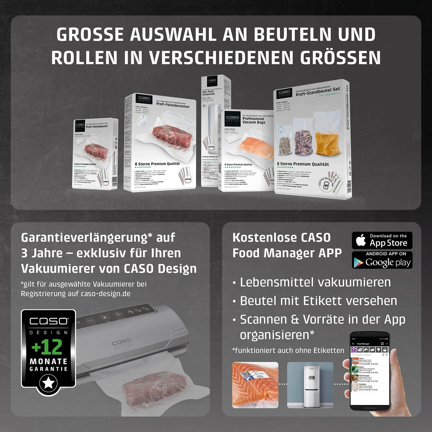 A selection of vacuum sealer bags and rolls from Caso in various sizes, with warranty and an app.